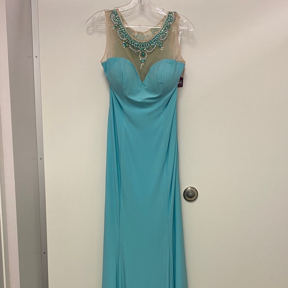 Aqua Illusion Neckline Evening Gown